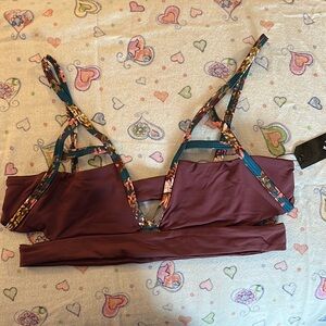New Tavik Triangle Swim Top Floral Strap Bralette Burgundy Size Large